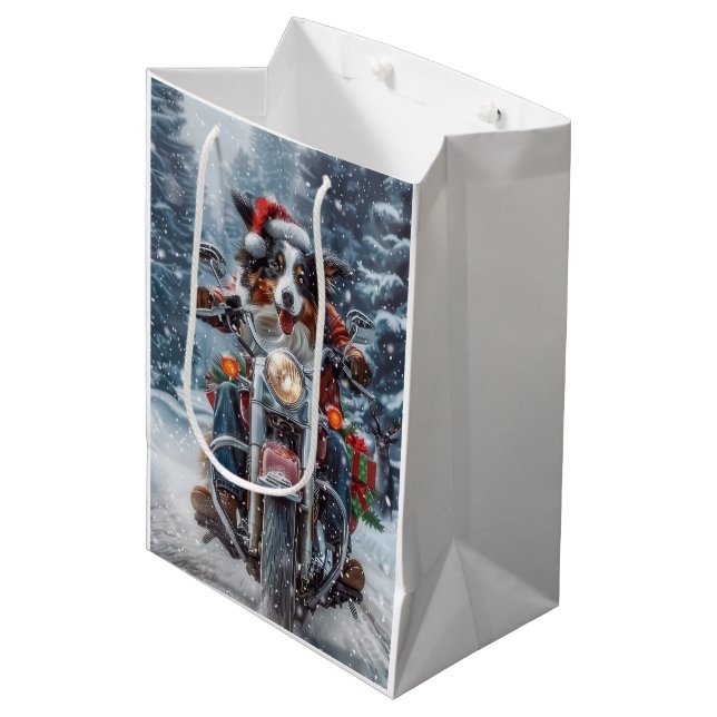 Bolsa De Regalo Mediana Navidades en motocicleta de Pastor Australiano (Angulo Anverso)