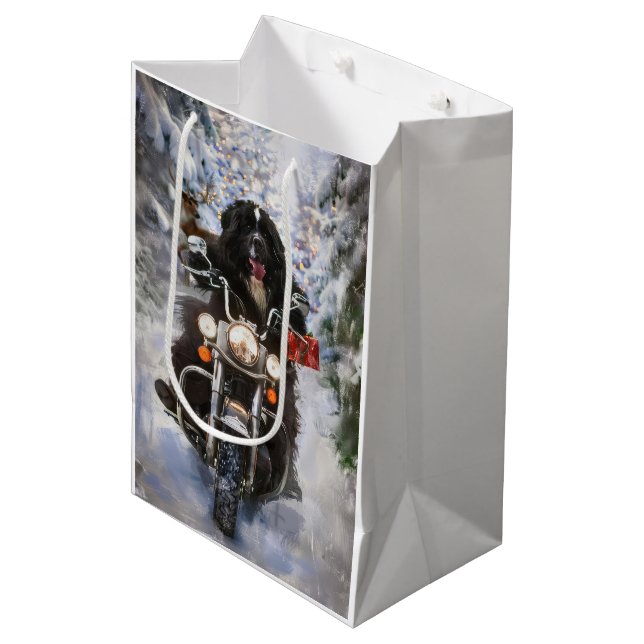 Bolsa De Regalo Mediana Navidades en motocicleta de perros de Terranova (Angulo Anverso)