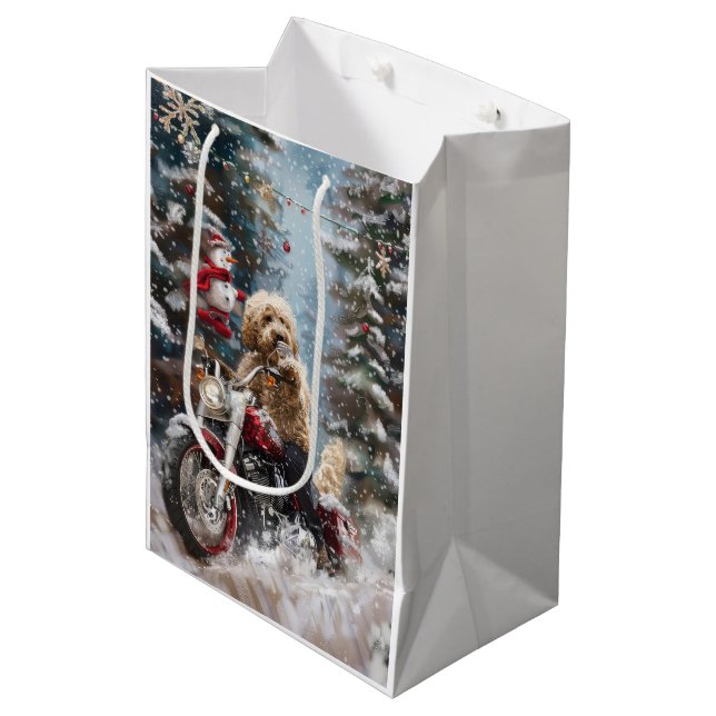 Bolsa De Regalo Mediana Navidades en motocicleta Goldendoodle Dog Riding (Angulo Anverso)