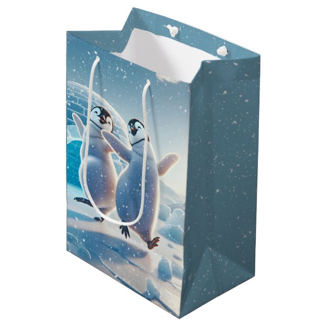 Bolsa De Regalo Mediana Navidades felices bailando pingüinos (Angulo Anverso)