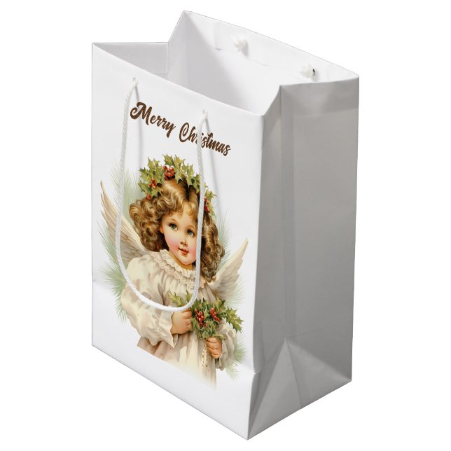 Bolsa De Regalo Mediana Navidades festivos acuarela Ángel agregar texto (Angulo Anverso)