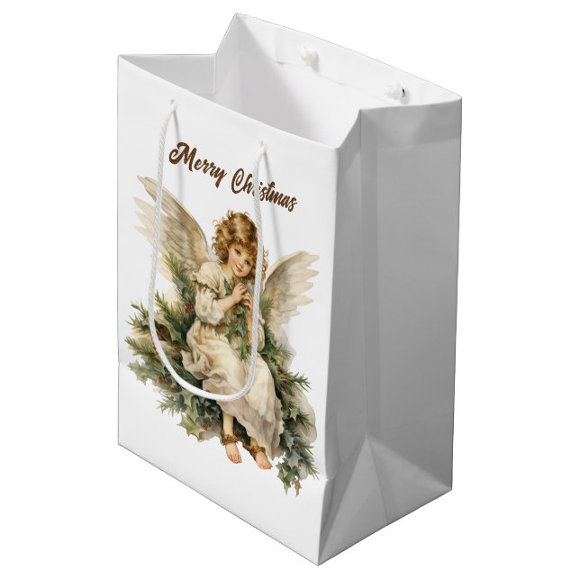 Bolsa De Regalo Mediana Navidades festivos acuarela Ángel agregar texto (Angulo Anverso)