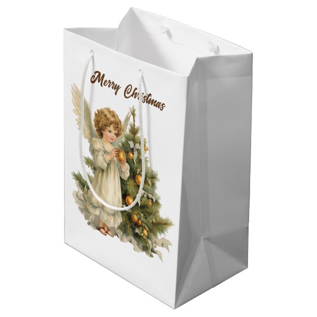 Bolsa De Regalo Mediana Navidades festivos acuarela Ángel agregar texto (Angulo reverso)