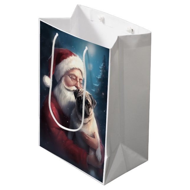 Bolsa De Regalo Mediana Navidades festivos de Pug con Santa Claus (Angulo Anverso)