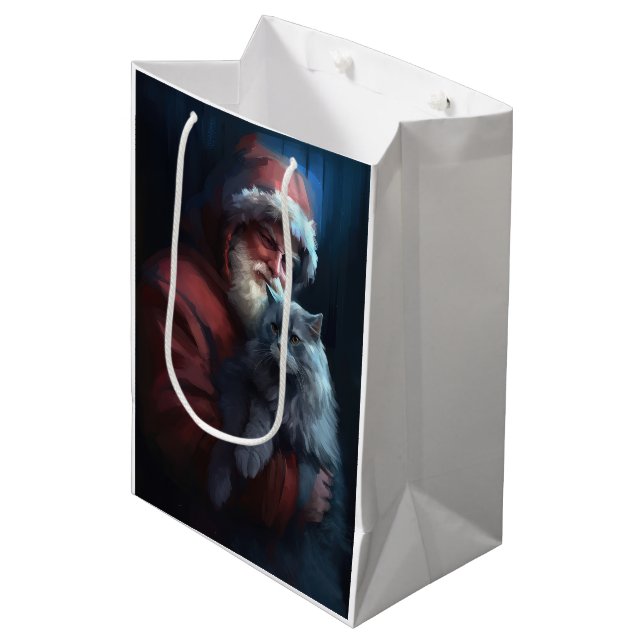 Bolsa De Regalo Mediana Navidades festivos del gato azul ruso Santa Claus (Angulo Anverso)