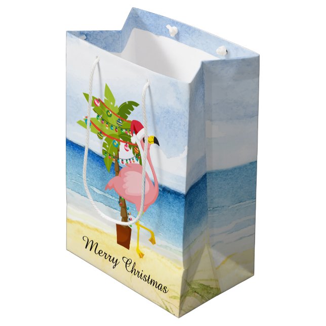 Bolsa De Regalo Mediana Navidades festivos flamingo rosa agregar texto (Angulo Anverso)