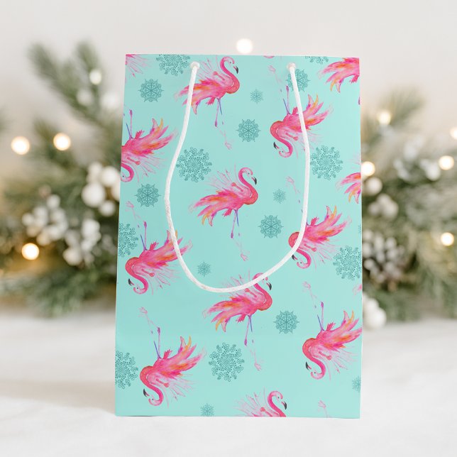 Bolsa De Regalo Mediana Navidades Flamingo Rosado Snowflake (Pink flamingo xmas gift bags)