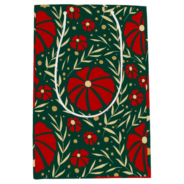 Bolsa De Regalo Mediana Navidades Flores rojas y verdes (Anverso)