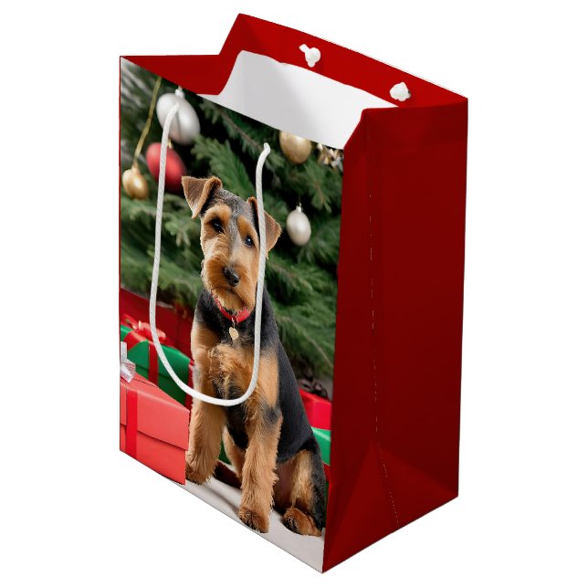 Bolsa De Regalo Mediana Navidades Gales Terrier Cerca Del Árbol (Angulo Anverso)
