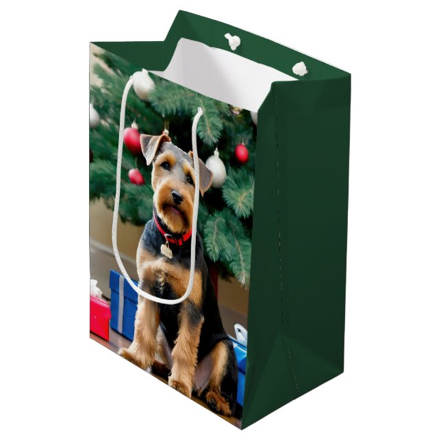 Bolsa De Regalo Mediana Navidades Gales Terrier Cerca Del Árbol (Angulo Anverso)