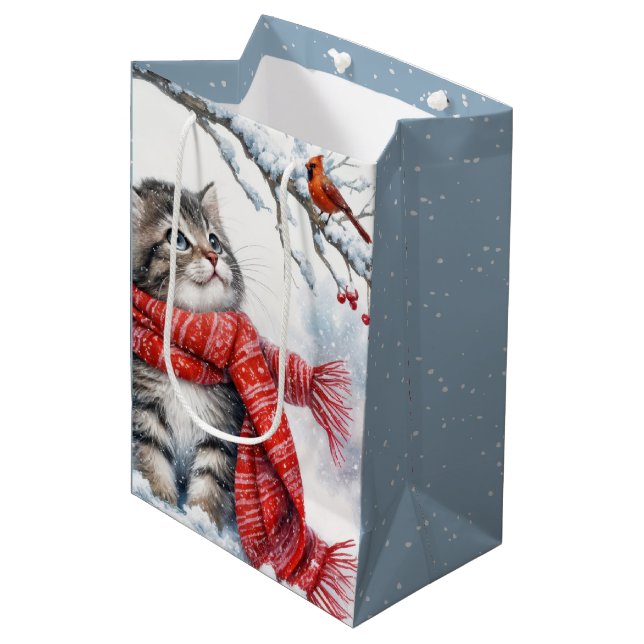 Bolsa De Regalo Mediana Navidades Gatitos Con Cardenal Rojo (Angulo Anverso)