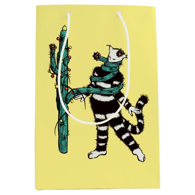 Bolsa De Regalo Mediana Navidades Gato Y Cactus Xmas Extraños (Anverso)