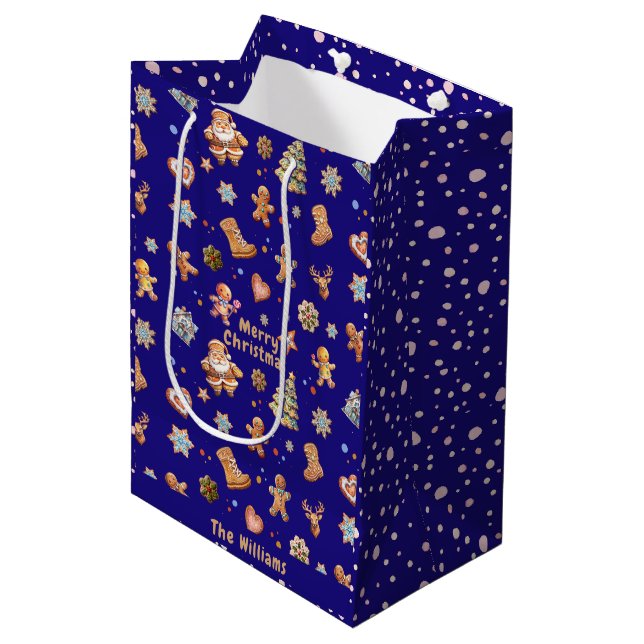 Bolsa De Regalo Mediana Navidades Gingerbread Nombre Fun Cute Navy (Angulo Anverso)