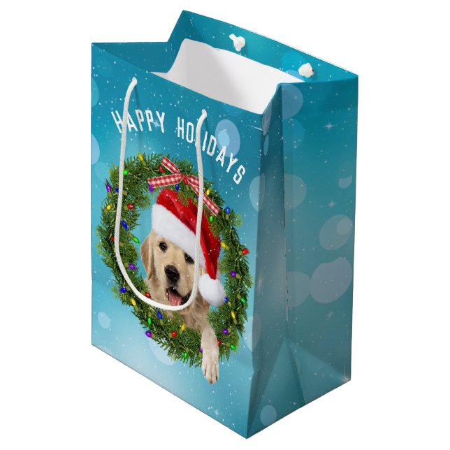 Bolsa De Regalo Mediana Navidades Golden Retriever en aqua bokeh (Angulo Anverso)