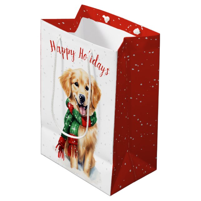 Bolsa De Regalo Mediana Navidades Golden Retriever In Snowflakes (Angulo Anverso)