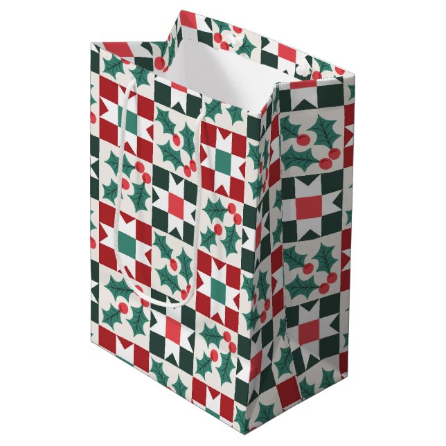 Bolsa De Regalo Mediana Navidades Holly deja Geo Quilt (Angulo Anverso)