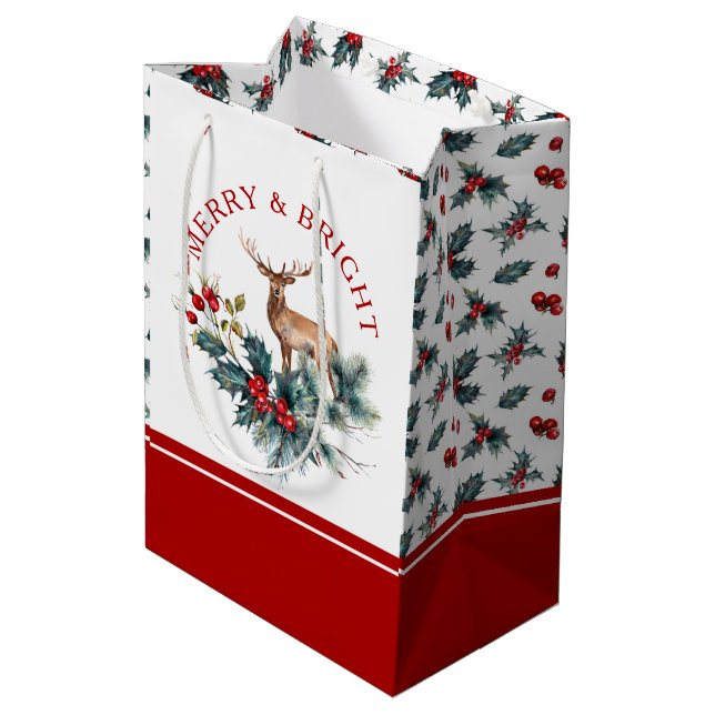 Bolsa De Regalo Mediana Navidades holly wreath venado marrón (Angulo reverso)