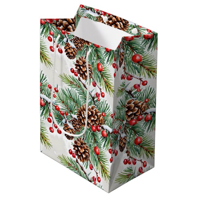 Bolsa De Regalo Mediana Navidades Holly y Pinecones (Angulo Anverso)