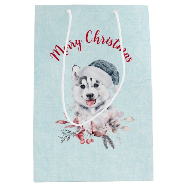 Bolsa De Regalo Mediana Navidades Husky Dog en Santa Hat (Anverso)