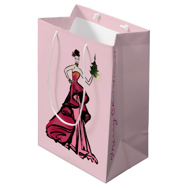 Bolsa De Regalo Mediana Navidades Ilustracion de moda con árbol (Angulo Anverso)