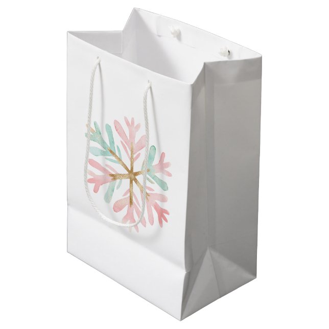 Bolsa De Regalo Mediana Navidades Mint White Snowflake Rosa (Angulo Anverso)