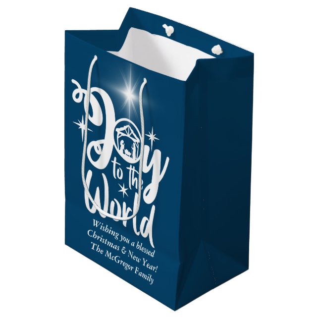 Bolsa De Regalo Mediana Navidades Natividad Alegría por el mundo azul y bl (Angulo Anverso)