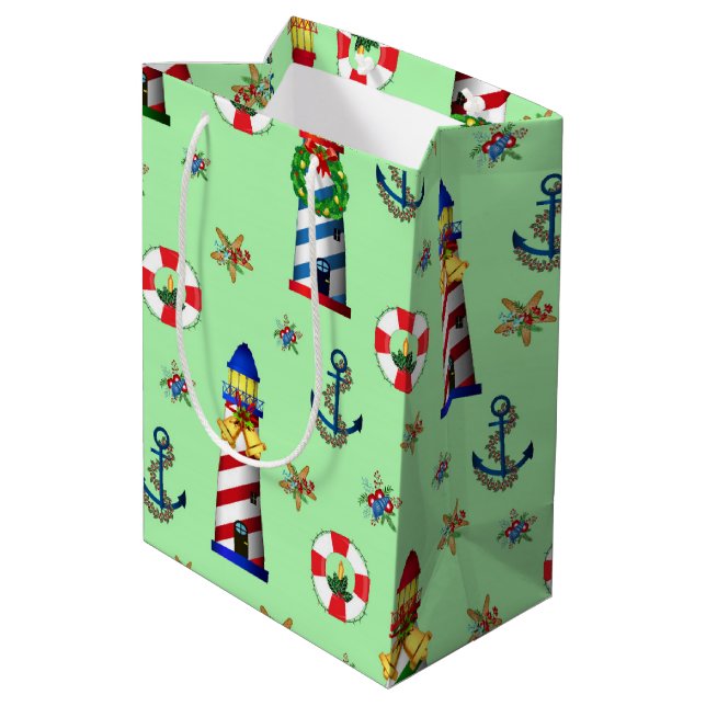 Bolsa De Regalo Mediana Navidades náuticos iluminan casas de fondo verde (Angulo reverso)