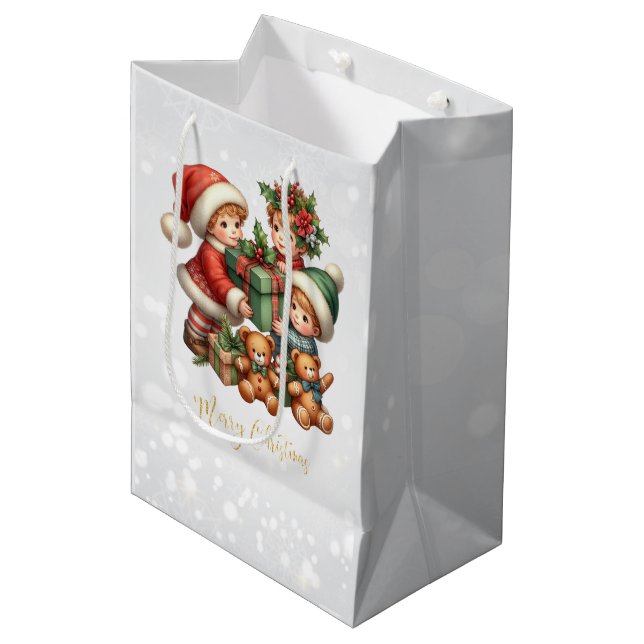 Bolsa De Regalo Mediana Navidades Niños ventilados regalos Feliz Navidad (Angulo Anverso)