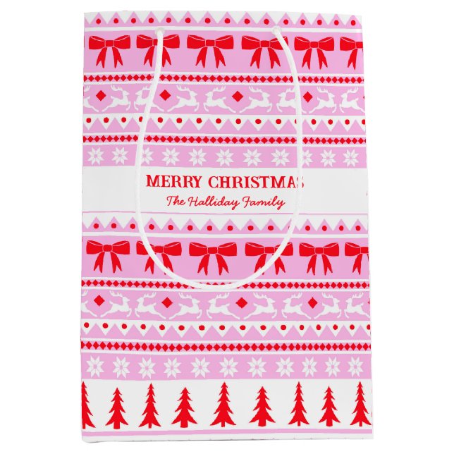 Bolsa De Regalo Mediana Navidades Nombre de familia de suéter feo rosa y r (Anverso)