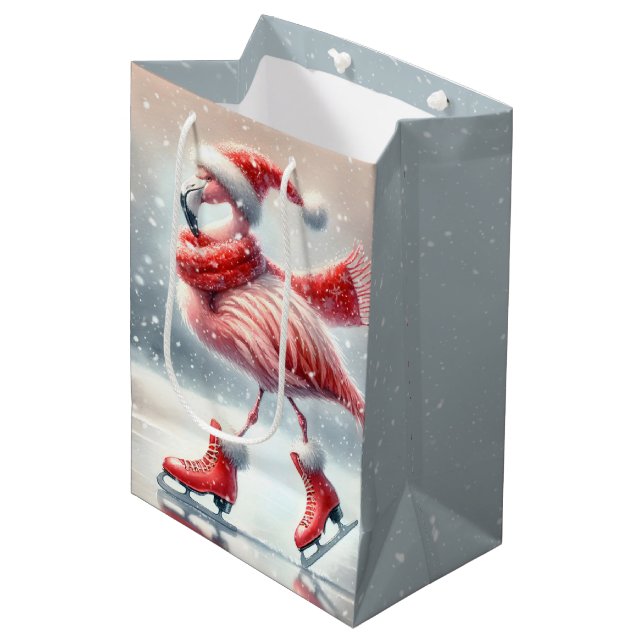 Bolsa De Regalo Mediana Navidades Patinaje De Hielo Rosado Flamingo (Angulo Anverso)