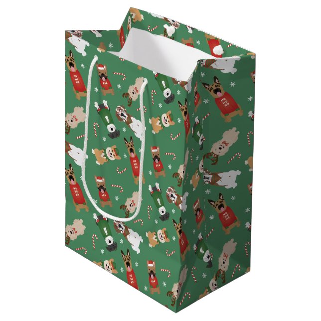 Bolsa De Regalo Mediana Navidades Patrón de perros Rojo Verde (Angulo Anverso)