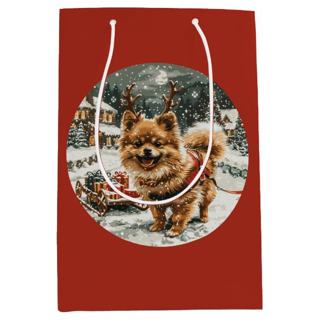 Bolsa De Regalo Mediana Navidades Perro reno Pomerania (Anverso)