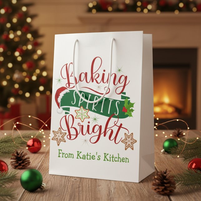 Bolsa De Regalo Mediana Navidades Personalizados brillantes de los Espírit (Festive Baking Spirits Bright Custom Christmas Medium Gift Bag)