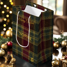 Bolsa De Regalo Mediana Navidades personalizados de Burgundy y Green Plaid