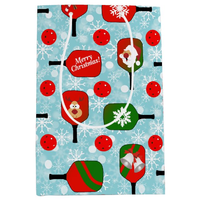 Bolsa De Regalo Mediana Navidades Pickleball Red Green Snowflakes Blue (Anverso)