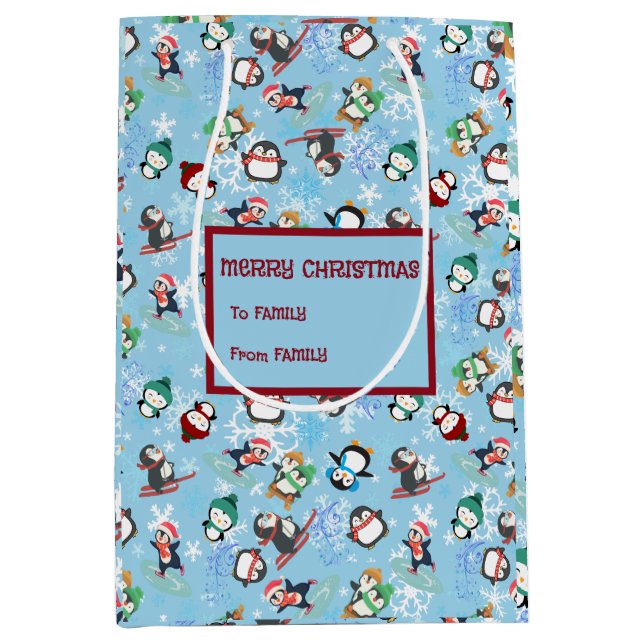 Bolsa De Regalo Mediana Navidades pingüinos deportes de invierno Cute Funn (Anverso)