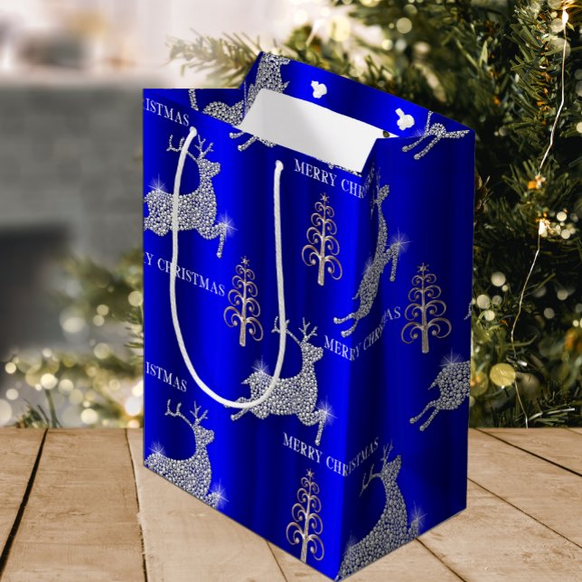 Bolsa De Regalo Mediana Navidades plateados de reno de diamantes azules (Subido por el creador)