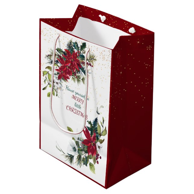 Bolsa De Regalo Mediana Navidades Purpurinas de Red Poinsettia Bouquet Gol (Angulo Anverso)