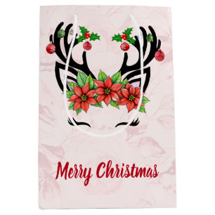 Bolsa De Regalo Mediana Navidades Renos Con Fondo Floral