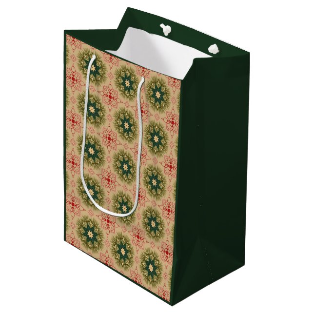 Bolsa De Regalo Mediana Navidades Retro Green Pine Red Lace Design (Angulo Anverso)