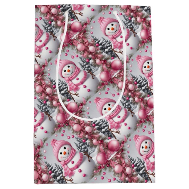 Bolsa De Regalo Mediana Navidades rosados personalizados Snowman (Anverso)