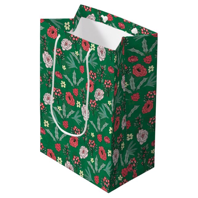 Bolsa De Regalo Mediana Navidades Rosas Berries Patrón verde floral (Angulo Anverso)