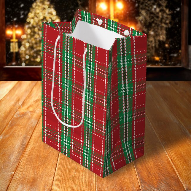 Bolsa De Regalo Mediana Navidades Rustic Red Farmhouse Simple Plaid (Red and green plaid pattern classic gift bag)