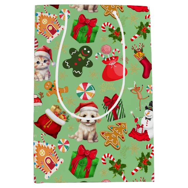 Bolsa De Regalo Mediana Navidades Santa Gingerbread Candy Pattern Green (Anverso)