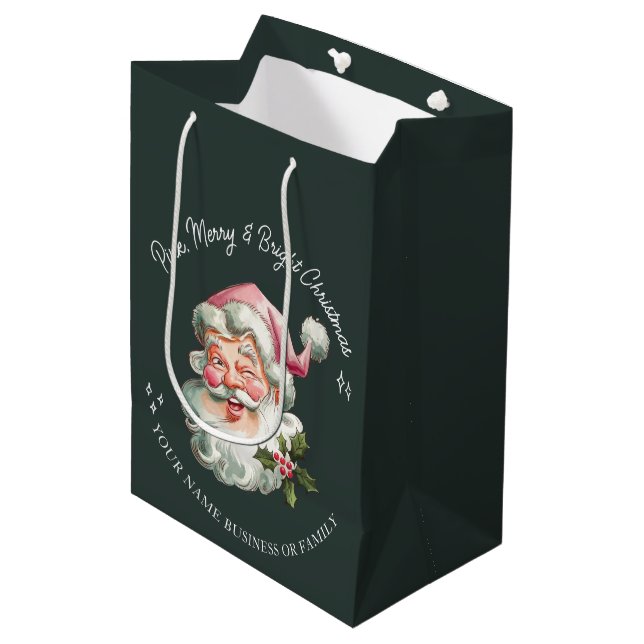 Bolsa De Regalo Mediana Navidades Santa retro de moras rosadas personaliza (Angulo Anverso)