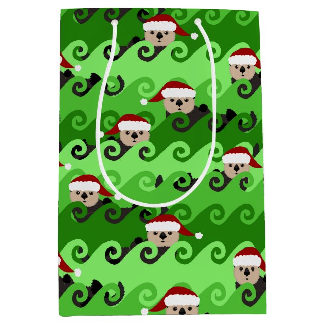 Bolsa De Regalo Mediana Navidades Sea Otters Green Waves (Anverso)