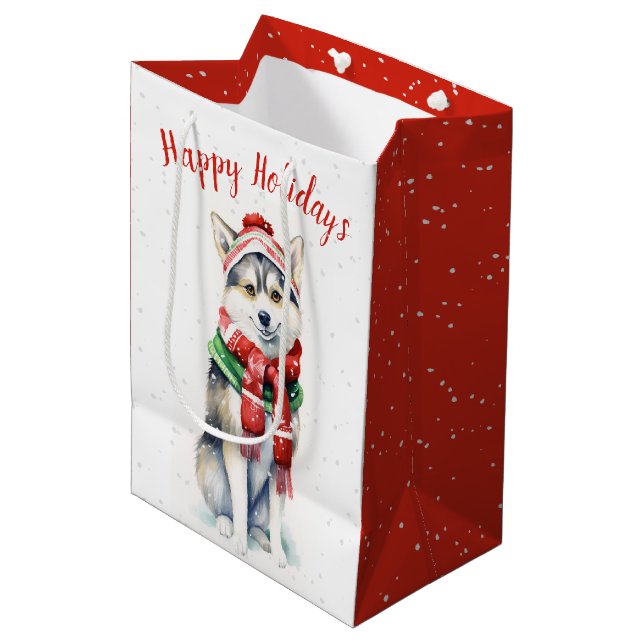 Bolsa De Regalo Mediana Navidades Siberian Husky En Los Copos De Nieve (Angulo Anverso)