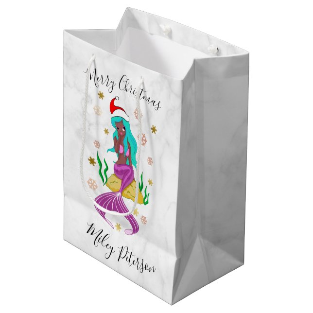 Bolsa De Regalo Mediana Navidades sirenas y copos de nieve oro personaliza (Angulo Anverso)