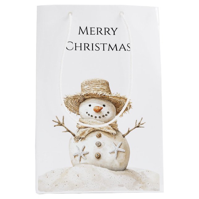 Bolsa De Regalo Mediana Navidades Snowman de la Costa de la Playa (Anverso)
