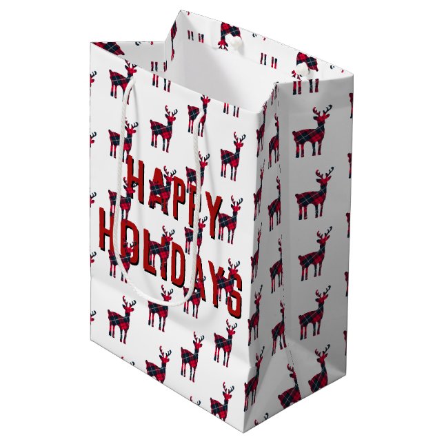 Bolsa De Regalo Mediana Navidades Tartan Plaid Deer (Angulo Anverso)